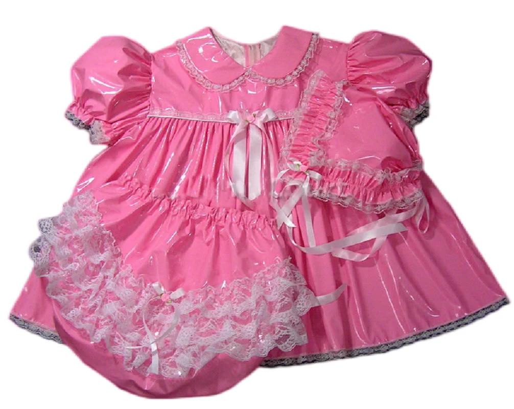 Latest Hot Selling Adult PVC Lockable Sissy Pink Doll Neck Bubble Sleeve Ruffle Lace Maid Dress Custom