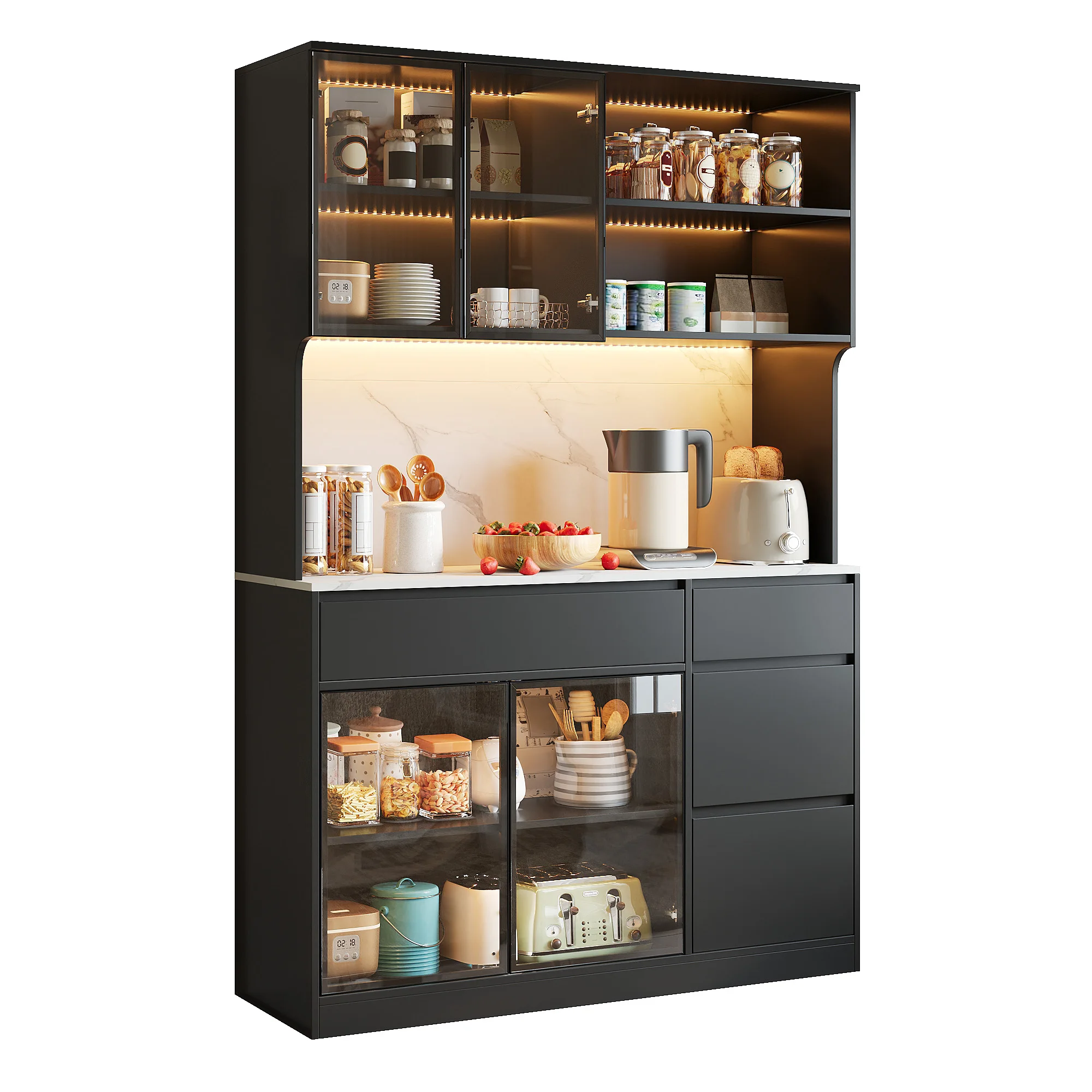 Buffet haut moderne avec armoire de rangement, vitrine, meuble de salle à manger et de salon, design noir et blanc avec panneau central effet marbre, structure en MDF, éléments en verre, éclairage LED intégré, multiples étagères et tiroirs