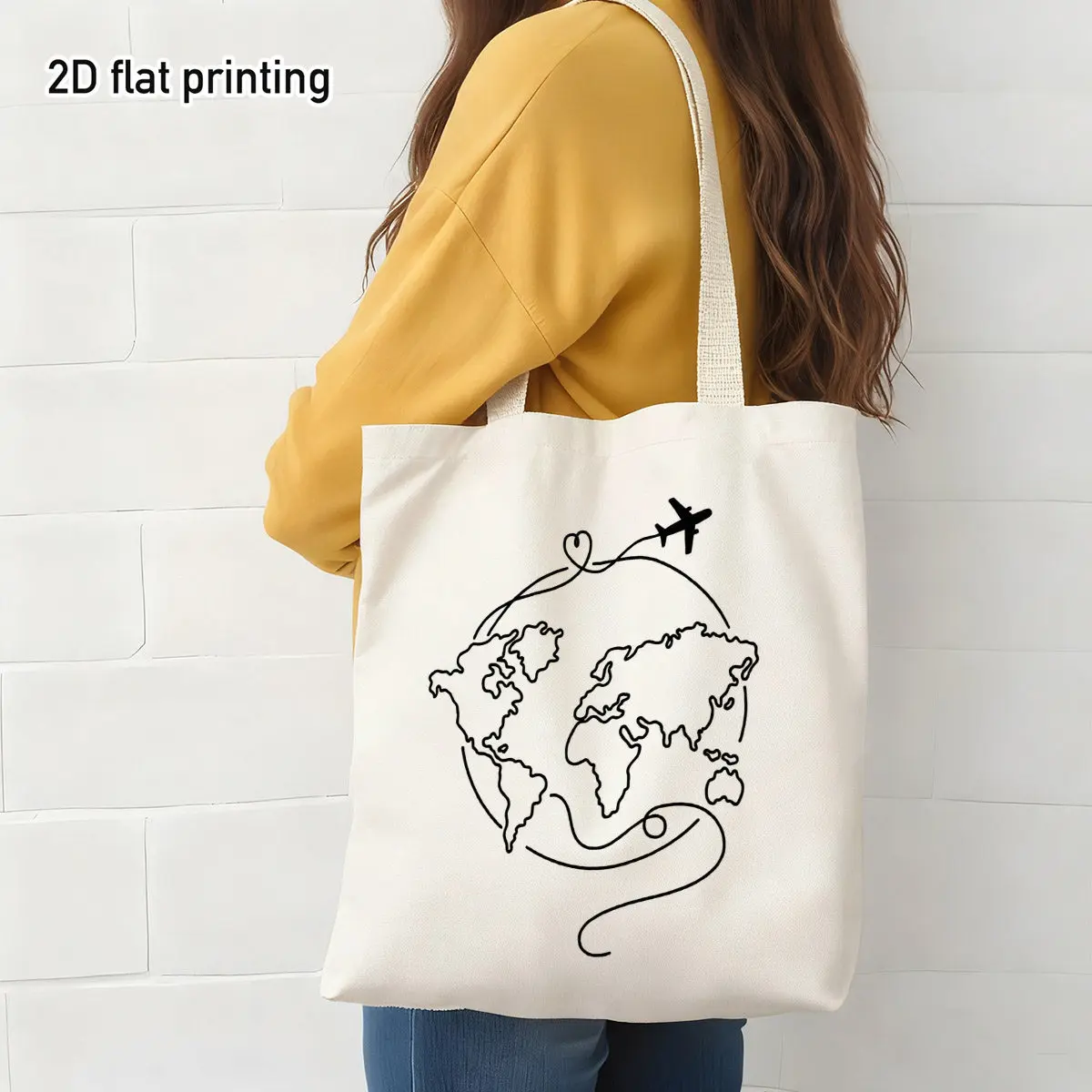 Minimalist 2D Flat Tote Bag with an Integrated Line Art World Map Design, Featuring Double-Sided Printed Airplane and Heart Patterns Perfect for Weekend Trips, Grocery Shopping, and Airport Travel, It Is an Ideal Choice for Fashionable Travelers and Busy Commuters.