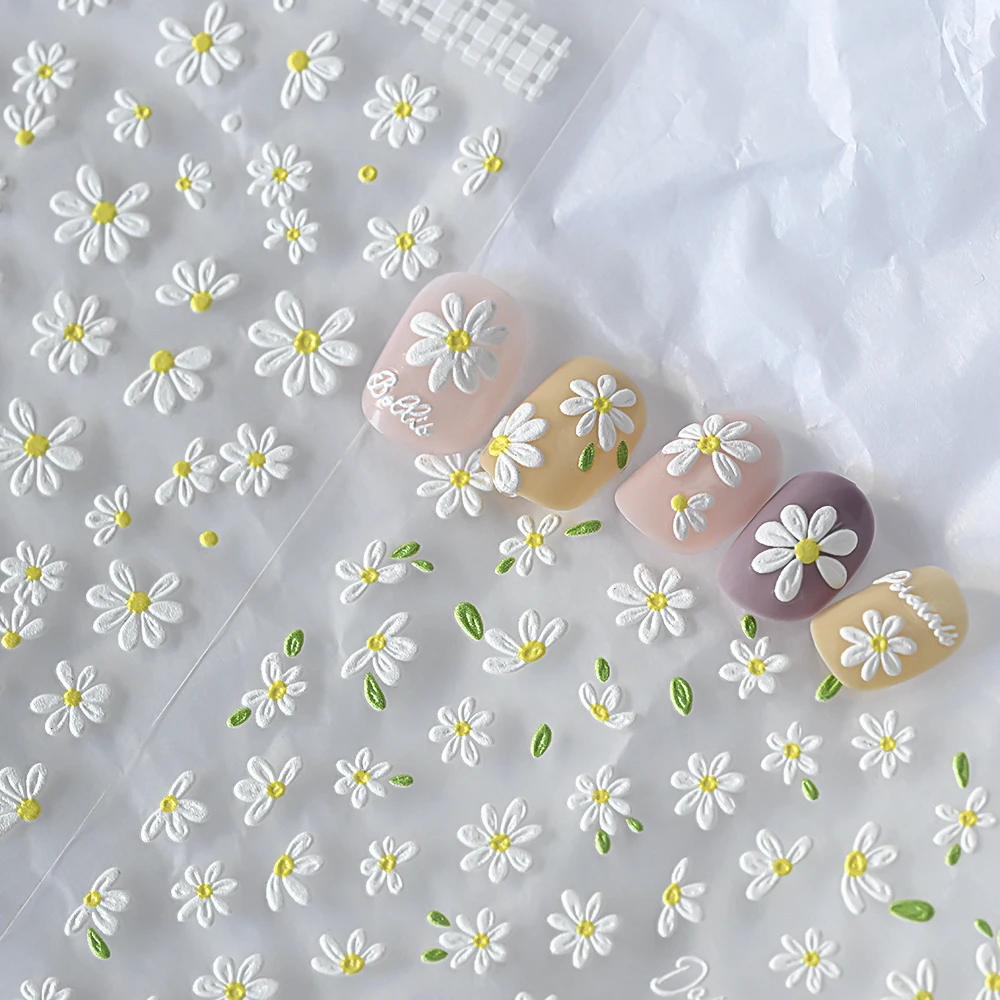 2Pcs 5D Embossed White Daisy Nail Art Sticker Cute Floral Daisy Nail Decals Spring Summer Flower Manicure Tips Nail Decor 8*10cm