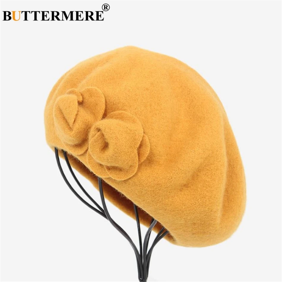BUTTERMERE Wool Beret French Beanie Winter Hats For Women Flower Red Flat Cap Lady Girl Berets Female Bone Tocas Painter Hat