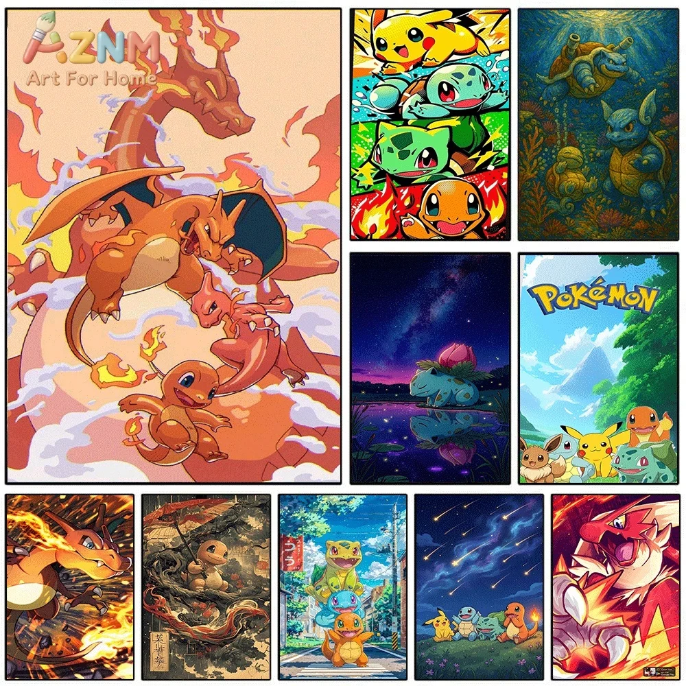 AZNM Charizard Evolution Family Fire‑Type Anime Creature Flame Cloud Canvas Wall Print, Pokemon Cartoon Art Poster, Unframed C