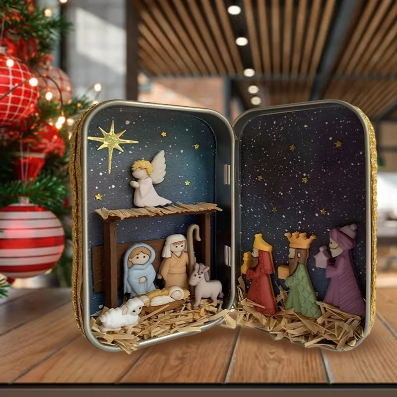 

Christmas Nativity Scene Decorative Box Jesus Nativity Set Crafts Cabin Box Holy Family Theater Desktop Ornament For Xmas Decor