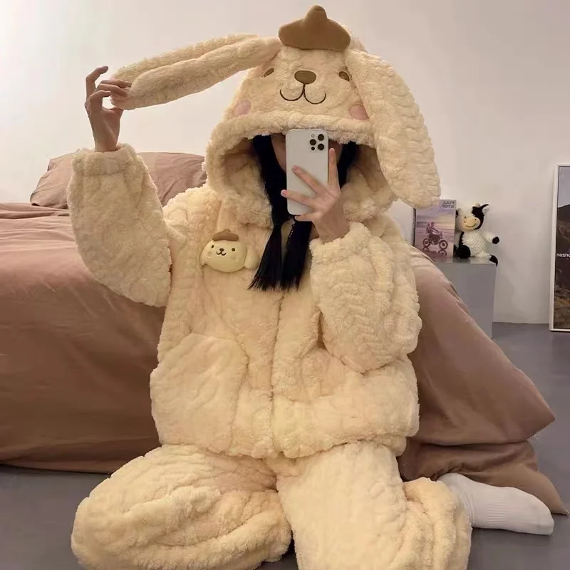 

Sanrios My Melody женские пижамы аниме Kawaii помпон Purins коралловый бархат утолщенный милый капюшон на молнии домашняя одежда ночная рубашка костюм