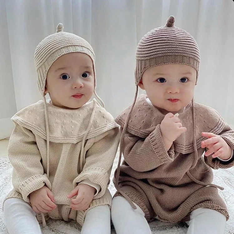 2026 Spring New Baby Long Sleeve Knitted Romper + Hat Infant Girl Solid Large Lapel Jumpsuit Toddler Boy Casual Clothes 0-24M