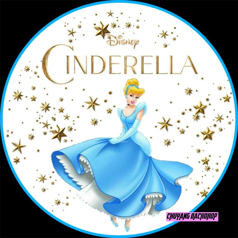 Girls Birthday Table Banner Covers Disney Cinderella Princess Round Backdrops Blue Dress Blonde Princess Circle Background