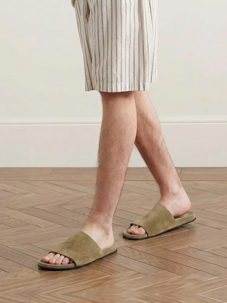 Breathable Summer Footwear Mens Genuine Leather Slippers Outside Open Toe Casual Fat Shoes Solid Suede Cowskin Vintage Slides