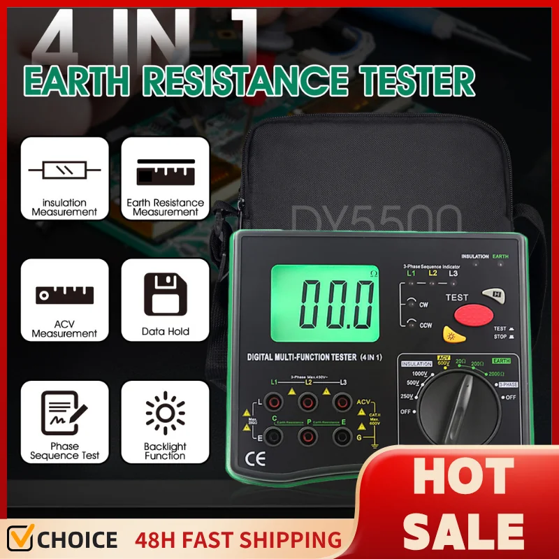 

DY5500 4 in 1 Digital Multifunction Resistance Tester Multimeter Insulation Earth Voltmeter Measuring Phase Indicator