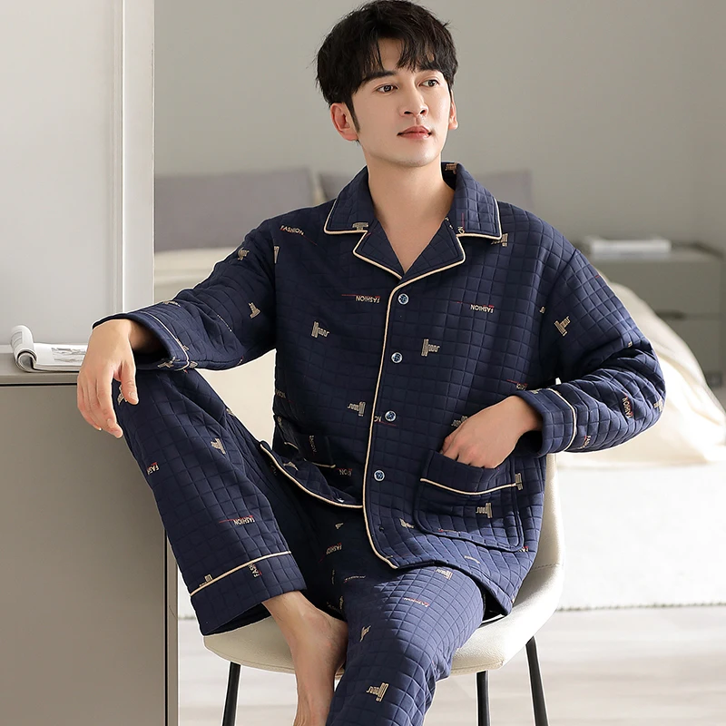 Printed men's autumn and winter laminated air cotton pyjamas3 layers thin quilted cardigan lapel style men's pajamas homewear