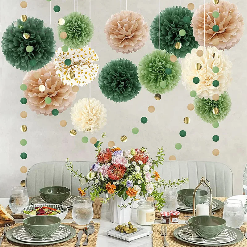 

Green Gold Tissue Paper Pom Poms Flower Boho Wedding Bachelorette Party Decorations Paper Dots Garland String Hanging Backdrops