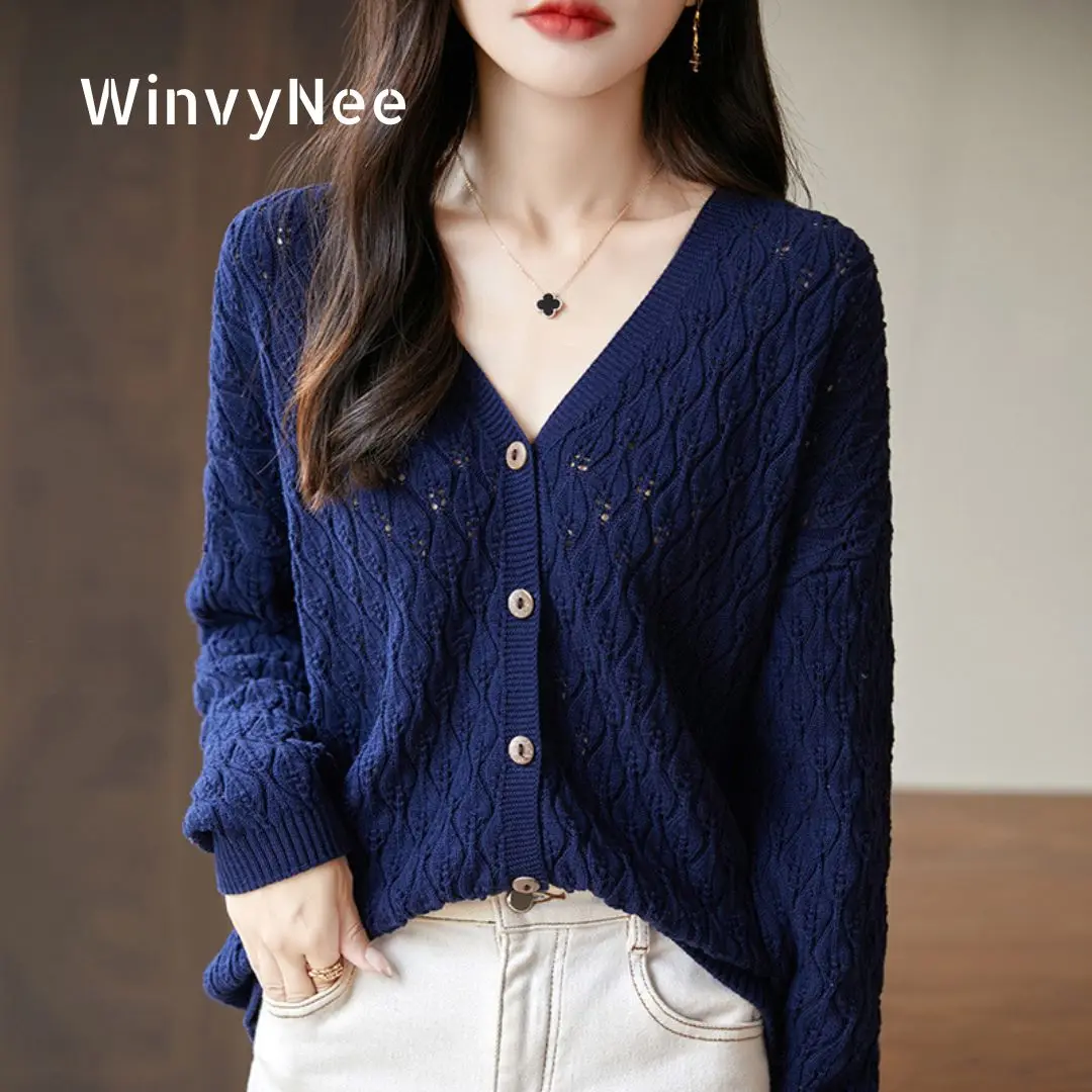 

WinvyNee Women's 100% Cotton Solid Color Deep V-Neck Hollow Out Long Sleeve Cardigan Elegant Cozy Lightweight Wear Tops B1092024
