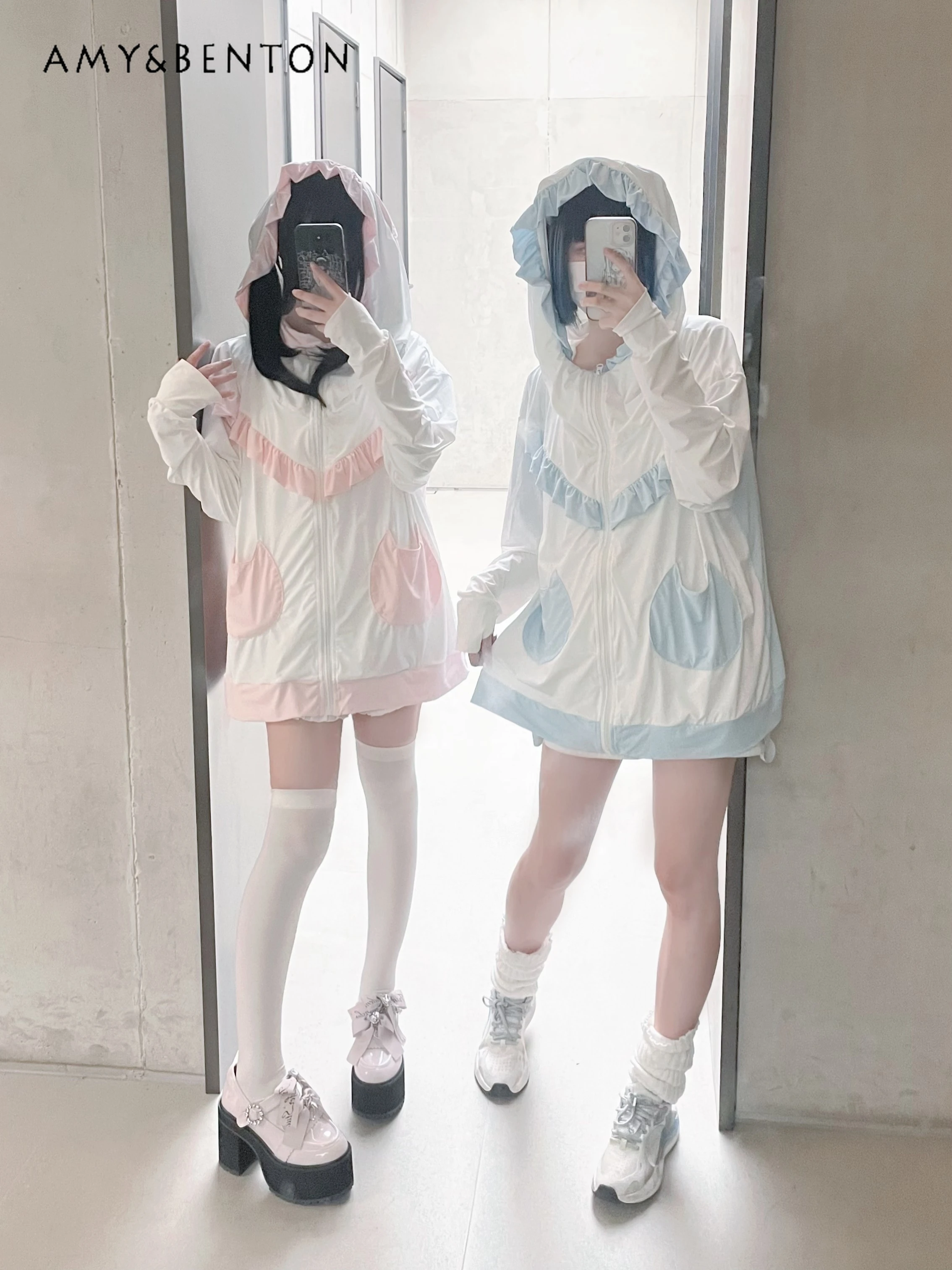 Summer New Sweet Cute Cat Ears Hooded Sunscreen Coat Japanese Kawaii Loose Slimming Color Matching Subculture Jacket Women