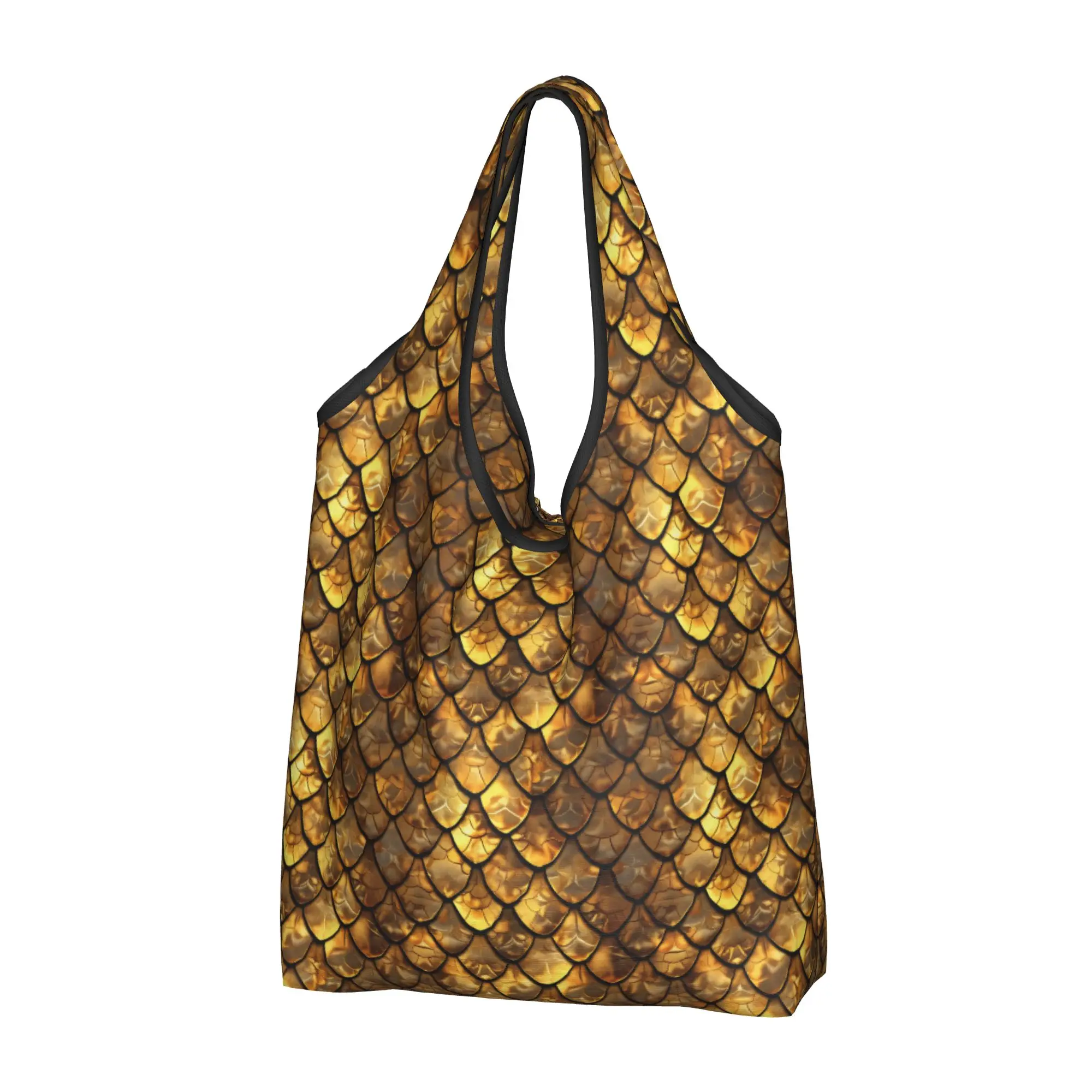 Custom Dragon Fish Scales  Shopping Bags Women Portable Big Capacity Grocery Golden Armor  Shopper Tote Bags