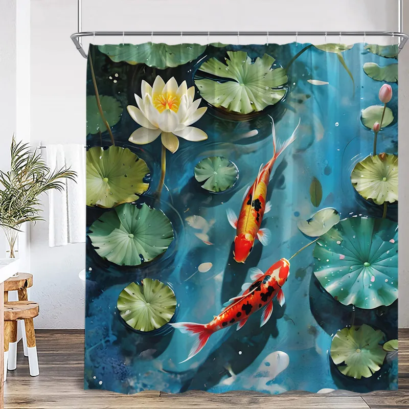 Japanese Style Shower Curtain Pink Cherry Blossom Floral White Crane Mountain Koi Carp Ink Scenery Modern Bathroom Curtain Decor