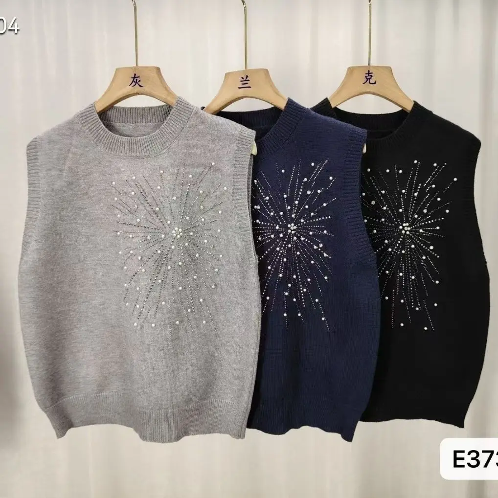 Bling Beading O-neck Knitted Vest 2025 Spring Autumn Sleeveless Knit Sweater Korean Style Female All-match Short Waistcoat