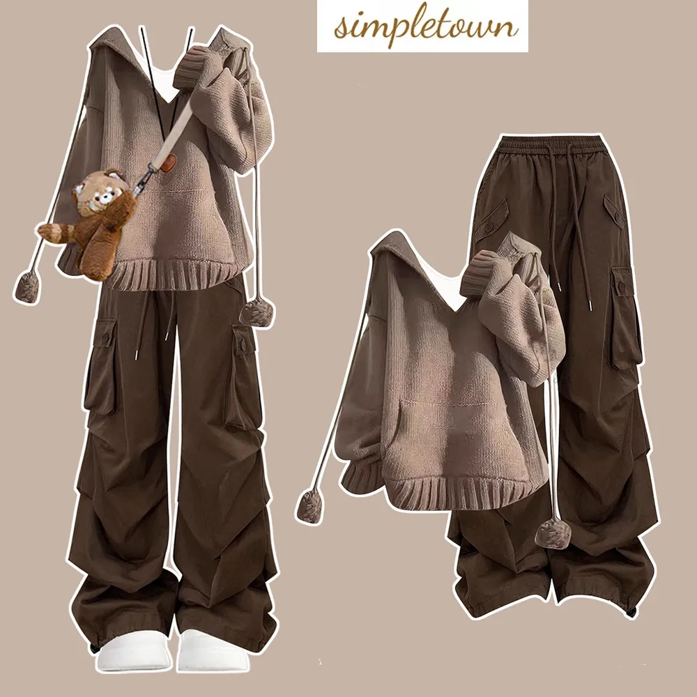 

Модный женский комплект, весенне-осенний милый вязаный топ с капюшоном средней длины + повседневные рабочие брюки, комплект из двух предметов