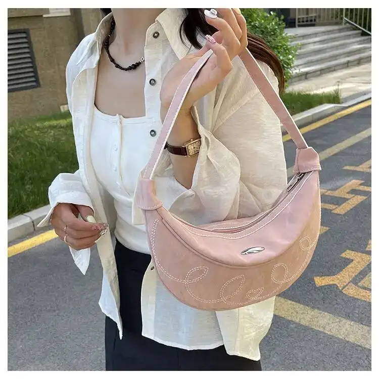 Bloom Hot Girls Pink Underarm Bag Purse Women Retro Sweet Cool Embroidered Y2k Hobos Bags Ladies Vintage Half Moon Handbag