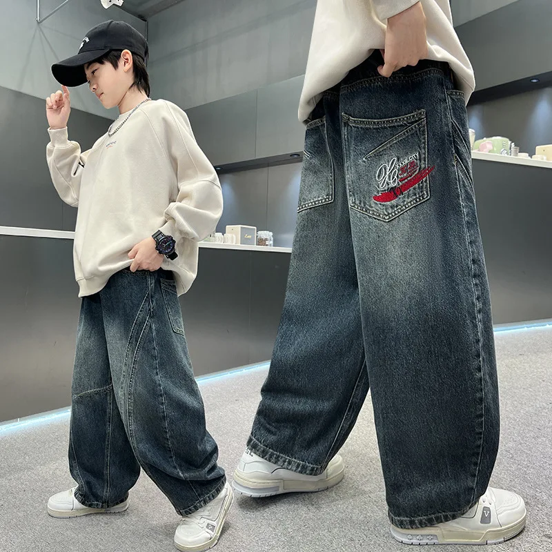

2026 New Arrival Boys Jeans Spring Autumn Fashionable Cool Wide Leg Denim Pants Children Curved Knife Design Loose Trousers ﻿