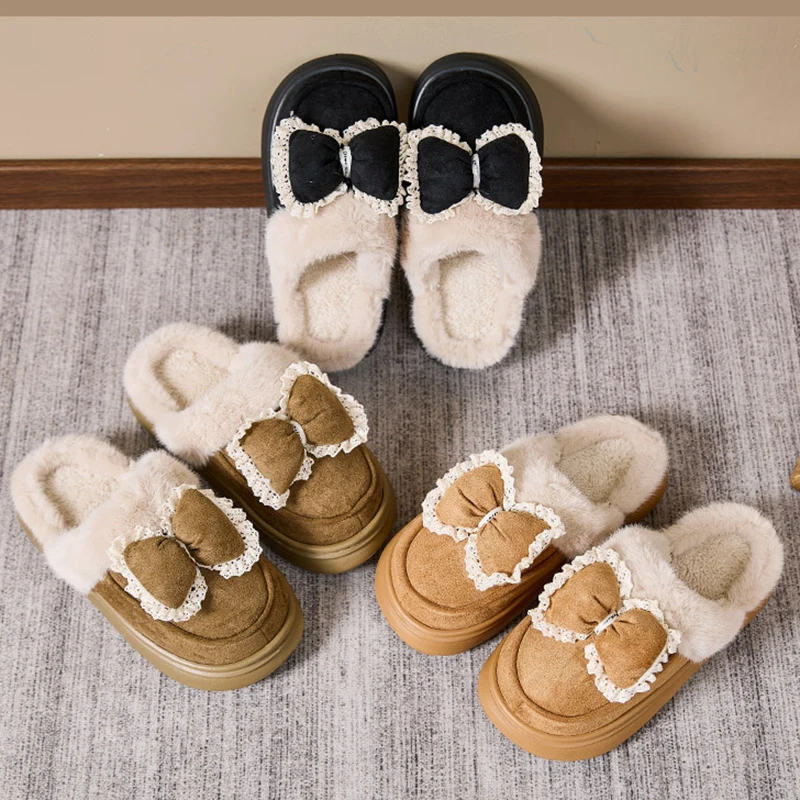 Belle pantofole con plateau soffici bowknot da donna suola spessa antiscivolo scarpe in cotone per la casa donna comode scivoli in peluche caldi femminili