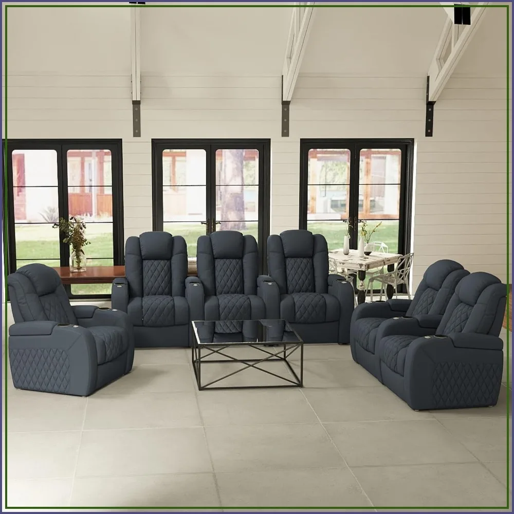 Power Recliner Sofa Set Top Grain Leather 3 Piece Sectional with USB Tray Table