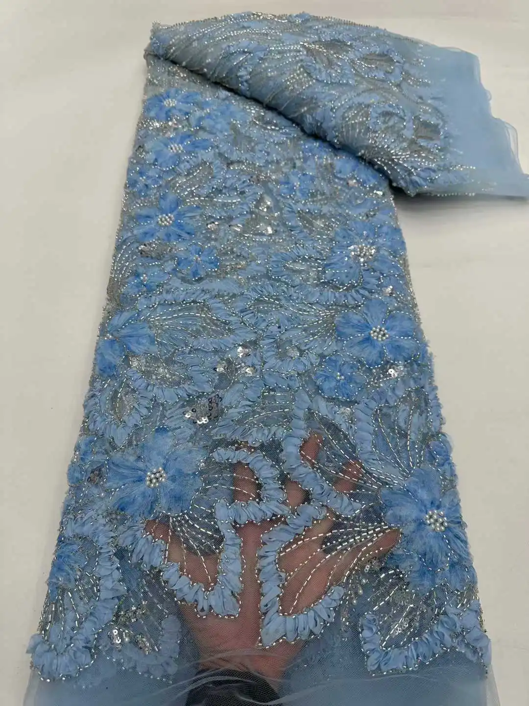 

Luxury 5 Yards 2026 High Quality French Heavy Net Sequin Fabric Beaded 3D Lace African Nigerian For Wedding Fabric