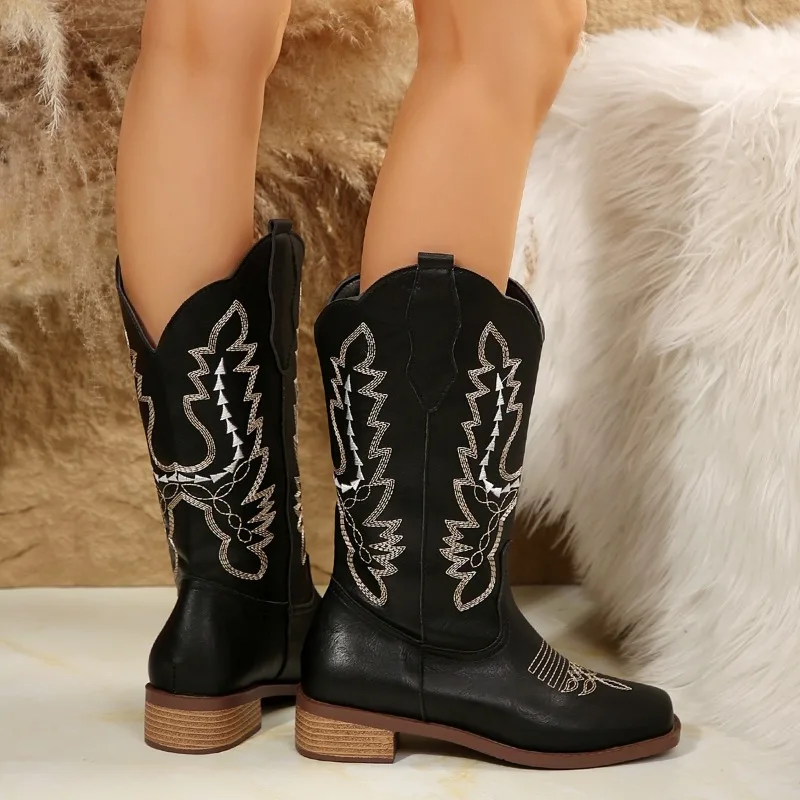 Women\'s Rider High Heel Boots 2024 Western Cowboy Boots Black Adult Women\'s Shoes Embroidery Mid-calf Boots Square Heel Shoes