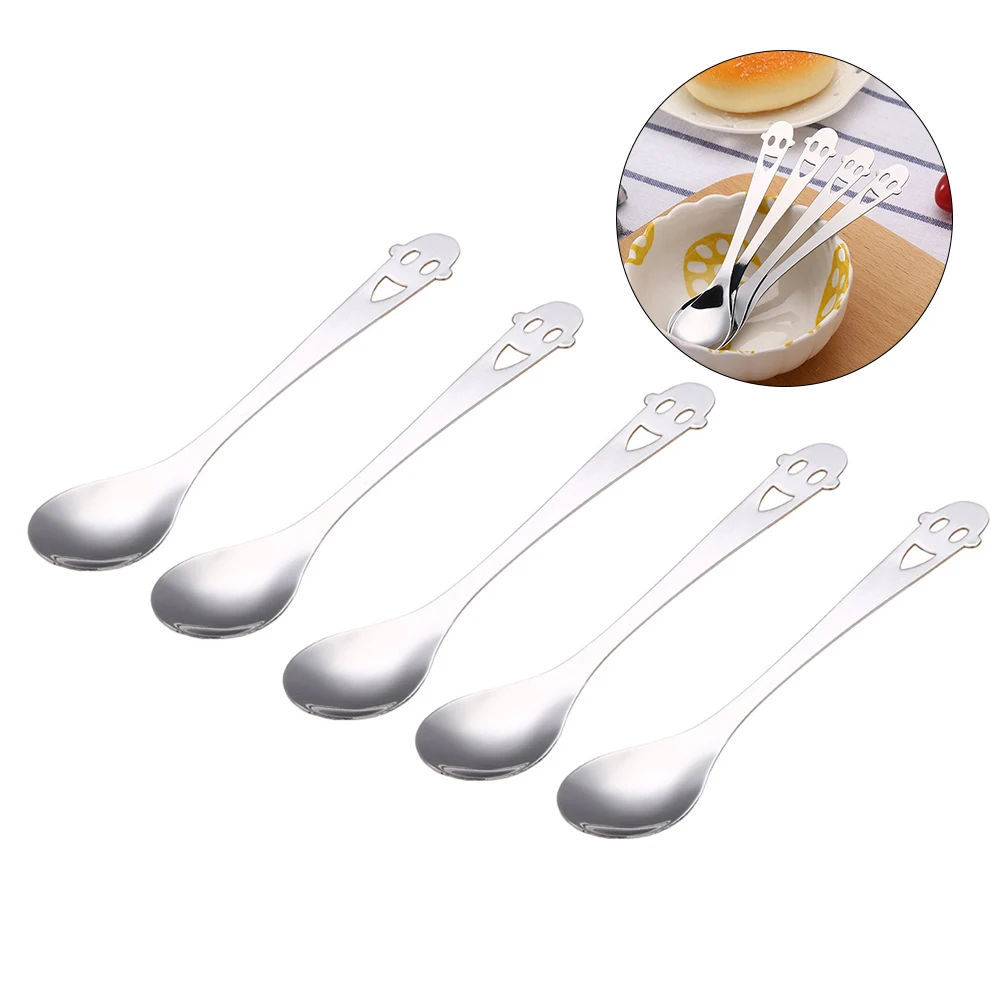 

5 pcs Stainless Steel Spoon Smile Face Pattern Tea Coffee Ice Cream Scoop Kitchen Supplies Smooth Surface Mirror Finish Dining