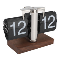Flip Desk Clock Auto Mechanical Flip 24H Wood Base Stainless Steel Vintage Retro Digital Table Clock for Home Office