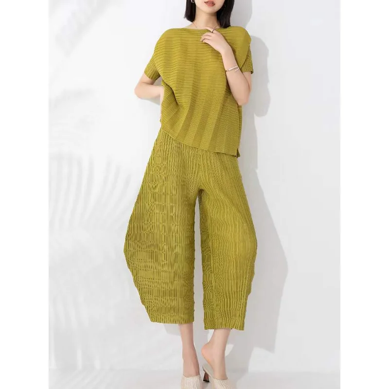 

Miyake Pleated Gradient Dress 2023 New Spring Summer Women Loose Casual Long High Strecth Casual 2 Set