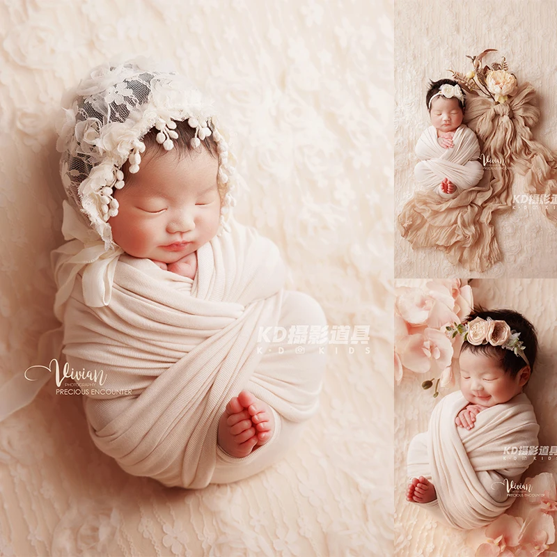 Newborn Photography Outfit Set Lace Floral Bonnet & Soft Stretch Swaddle Wrap Newborn Photoshoot Props Infants Creative Costumes