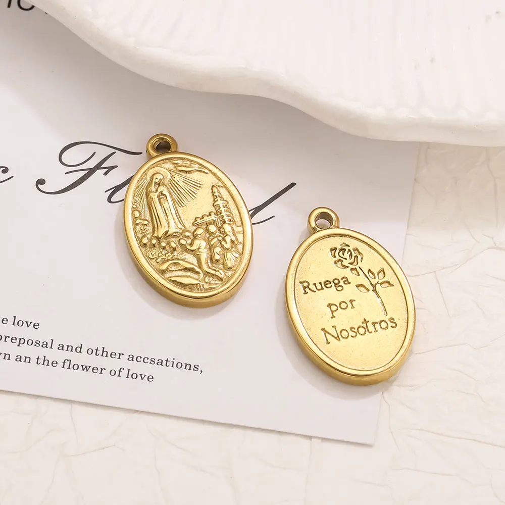 5pcs Stainless Steel Gold-Plated Oval Round Virgin Mary Head Charms Vintage DIY Necklaces Bracelet Jewelry Making Gifts Findings - Image 2