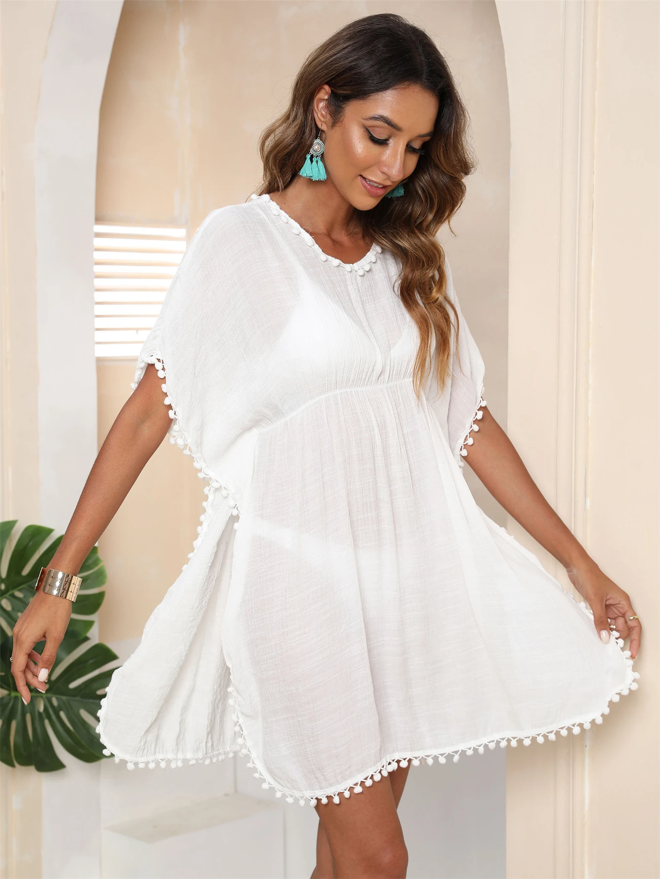 Fashion Fairball Fringe Beach Tunic for Women Split White Bath Exit V-neck Elastic Waist Cover-ups Vestido Feminino 2024 Dress