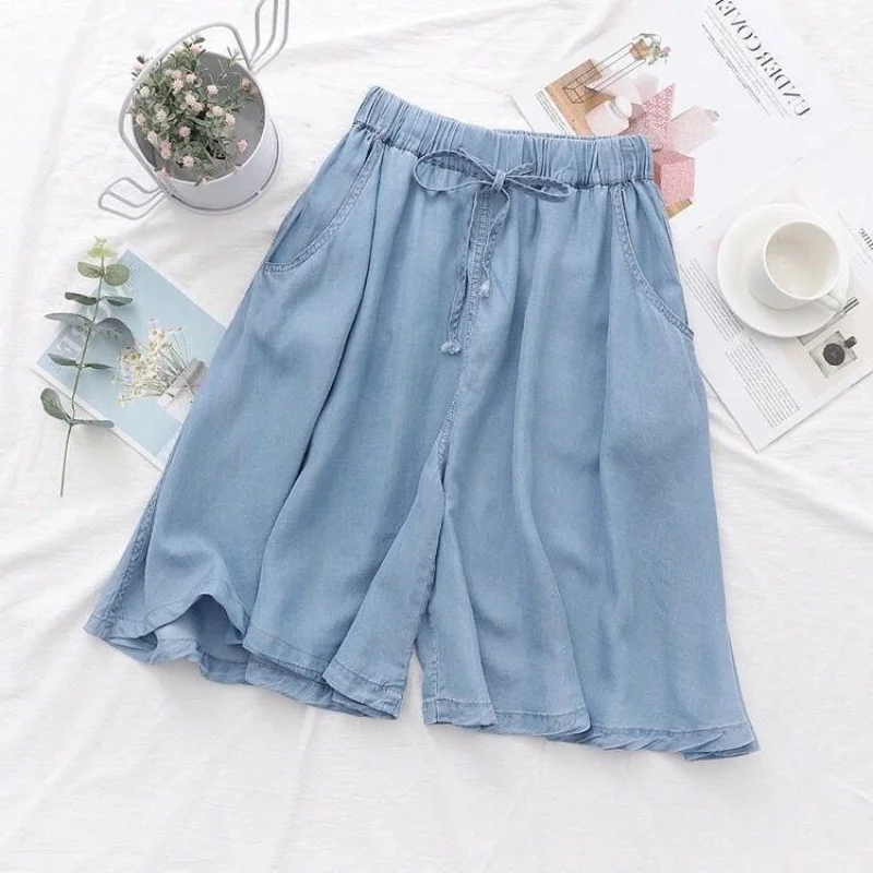 Ice Silk Denim Women's Shorts 2024 Summer New Loose Drawstring Sagging Elastic Waist Wide Leg Short Hot Pants Ropa De Mujer