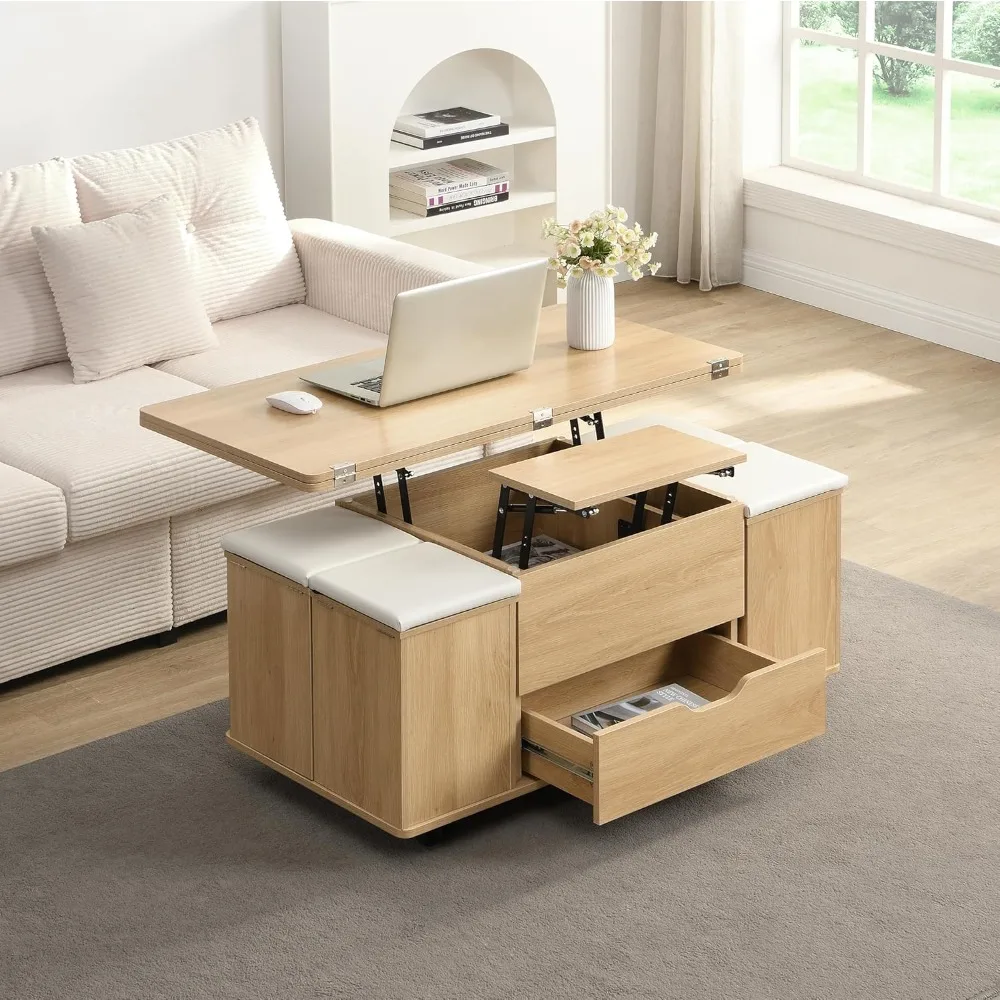 

39.4" Multi-Functional Lift-Top Coffee Table with Hidden Storage and Stools,Multi-Function Modern Center Table with 4 Stools