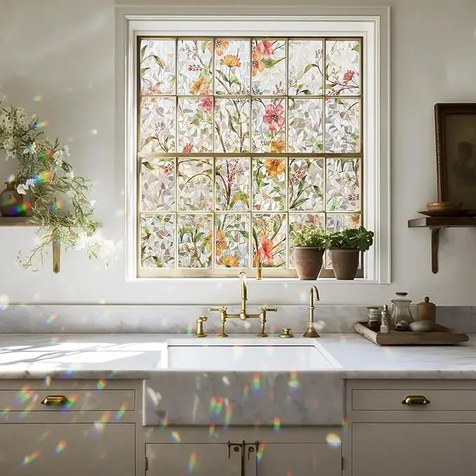 Window Privacy Film Floral Rainbow Decorative Stickers 3D Static Stained Glass Cling