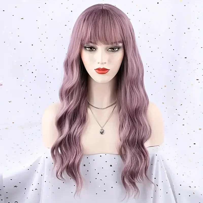 

Heat Resistant Synthetic Fiber Long Curly Wavy Hair Wigs For Daily Cosplay Party Women's Light Purple Color Wigs with Bangs