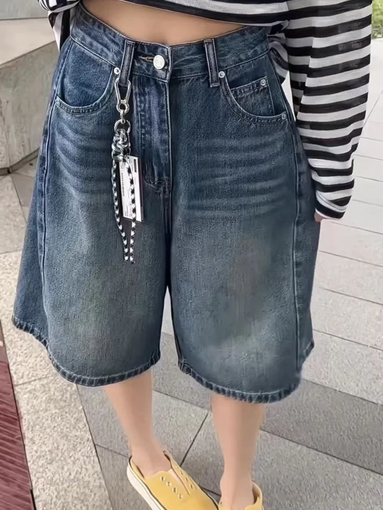 

Summer Girl Retro Wide Leg Shorts Unisex Blue Denim Cropped Pants Women's Calf-length Jeans Female High Waist Capris Pants