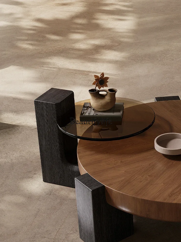 Light luxury modern minimalist antique walnut pattern round coffee table combination