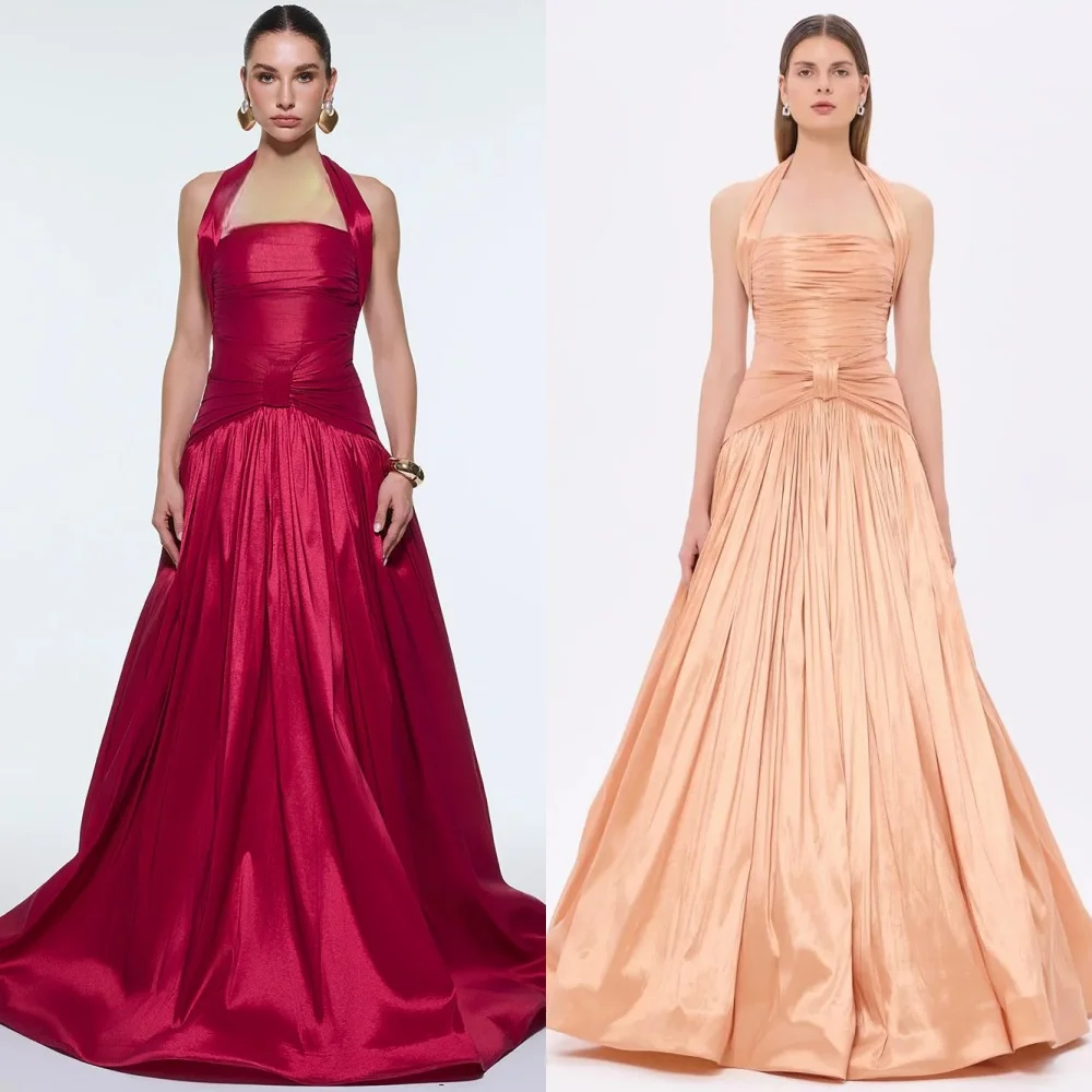 

Customized Intricate Matching Pleat Ruched Draped A-line Halter Long Dresses Bespoke Occasion Dresses Exquisite Sizes Available