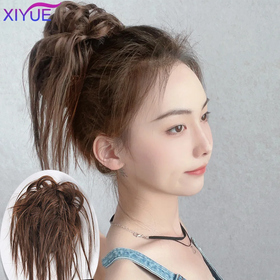 Synthetic Fluffy Hair Clip Messy Hair Bun Tousled Hairpiece Elastic Band Chignon Curly Scrunchie Updo Cover Hair Tail for Women