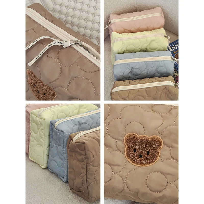 Cute Cartoon Bear Women\'s Cosmetic Bag Large Capacity Travel Toiletries Storage Bags Flower Quilting Portable Female Handbags