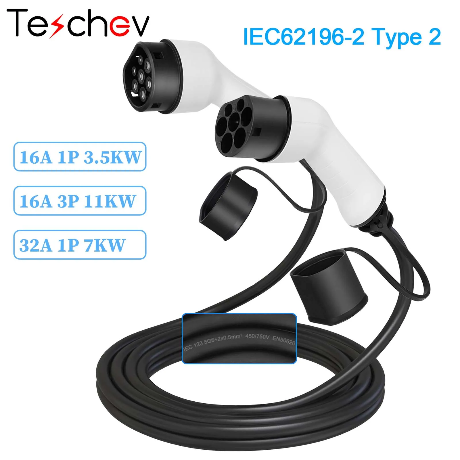 Teschev Type2 to Type2 EV Charging Cable 16A/32A 3.5kW 7KW 11KW Electric Vehicle Type 2 Cord for Charger Station