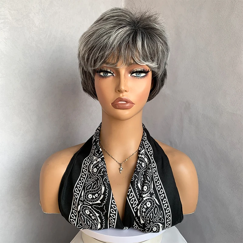 

Short Pixie Cut Ombre Gray Black Synthetic Wigs Straight Layered Wig with Fluffy Bangs For Women Daily Heat Resistant Hair Wigs