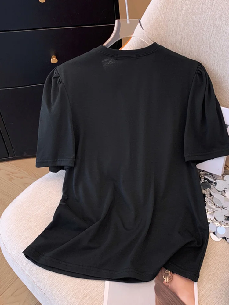 2024 Summer Vintage Casual Style Round Neck Puff Sleeve Patchwork T-shirts For Women Chiffon Loose Bow Decoration Tees Top