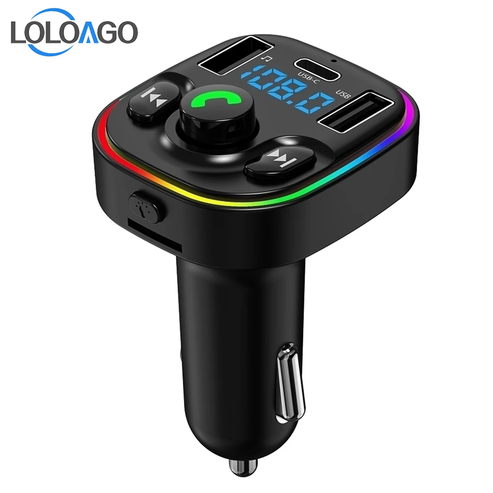 LOLOAGO Car FM Transmitter MP3 Player Bluetooth 5.0 with Dual USB Type C Charger Colorful Light Handsfree Call for Vehicle