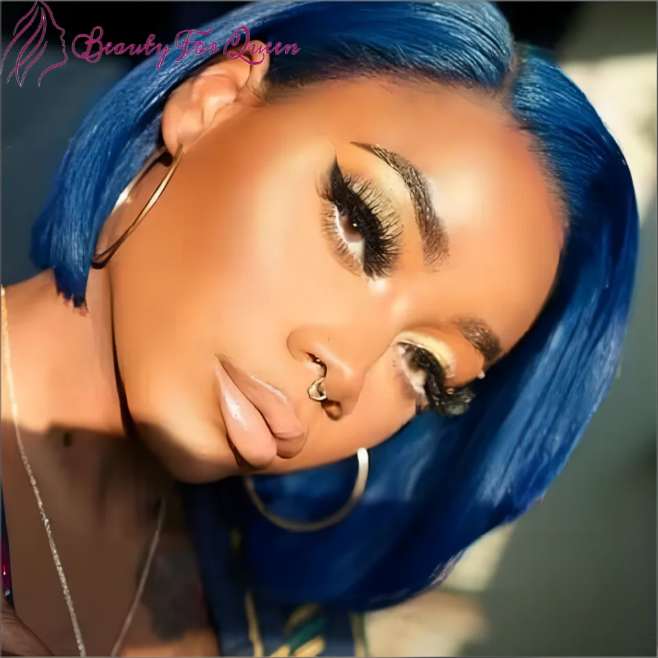 

180% Плотность Цветной Срез Короткий Боб Парик Кружевные Фронтальные Парики Человеческие Волосы Темно-Синий Прозрачный Парик Фронта Шнурка Бесклеевой Парик Для Женщин