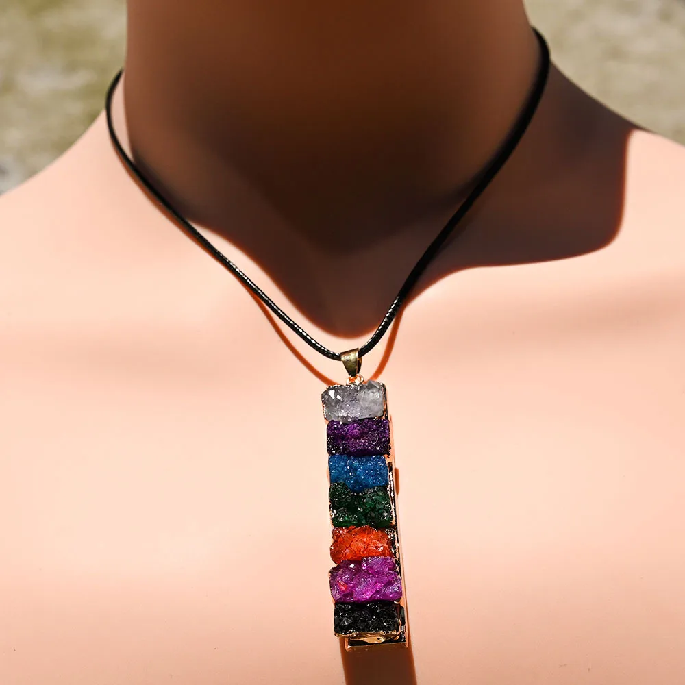 Natural crystal gilt ore Moroccan gypsum inlaid with colorful crystal cluster teeth colorful rectangular necklace jewelry