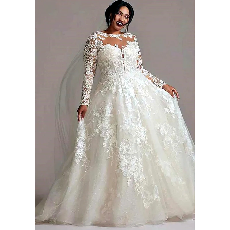 

Ivory A Line Long Plus Size Wedding Dress Open Back Full Sleeves Lace Appliques Tulle Boho Bridal Gowns Court Train