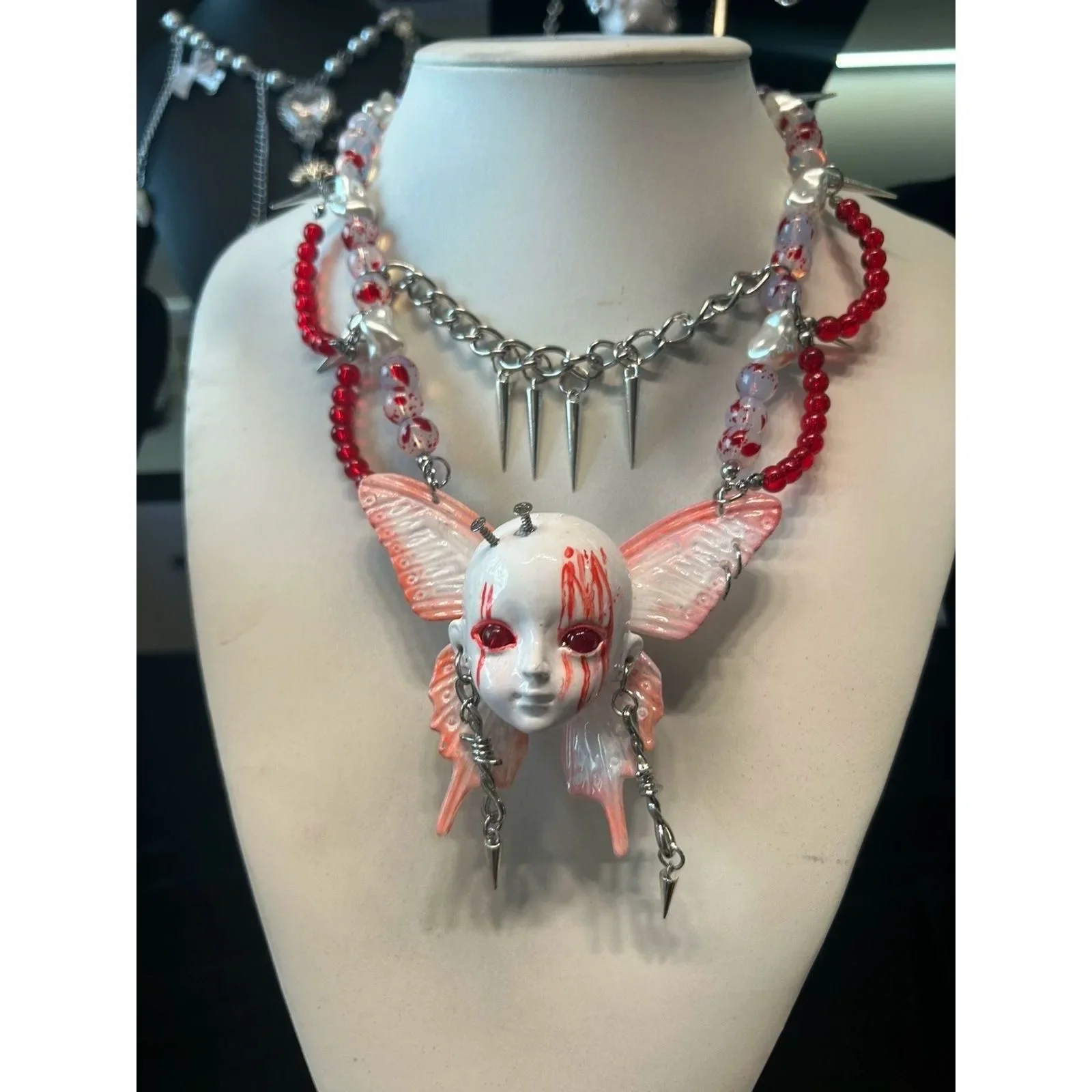 Fantasy Doll Face Pendants Kitty Leopard Print Rose Red Exaggerated Doll Head Necklace Y2K Accessories Fashion Jewelry Party Gif
