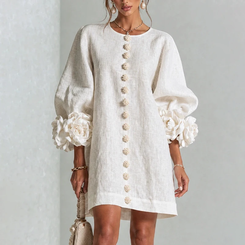 Women Linen Mini Dress O Neck Puff Long Sleeve 3D Flower Cuff Decor Flower Button Loose Casual Short Dresses for Party Vacation